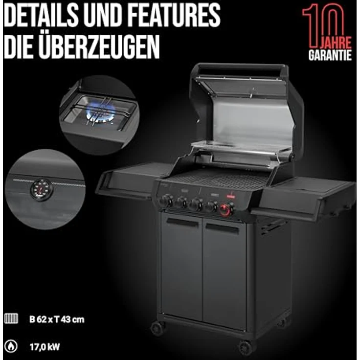 Enders Monroe Pro 3 SIKR Turbo Shadow, Gasgrill mit 3 Edelstahlbrennern, Hochleistungshitzezone, Rückwandbrenner und gusseisernem Rost, Graphit – Bild 6