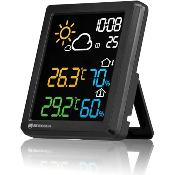 Bresser MeteoCast Pico Farbwetterstation, Thermo-Hygro-Außensensor mit Max./Min.-Wertspeicher, DCF-gesteuerter Uhrzeit und Weckfunktion, Farbdisplay, schwarz – Bild 3