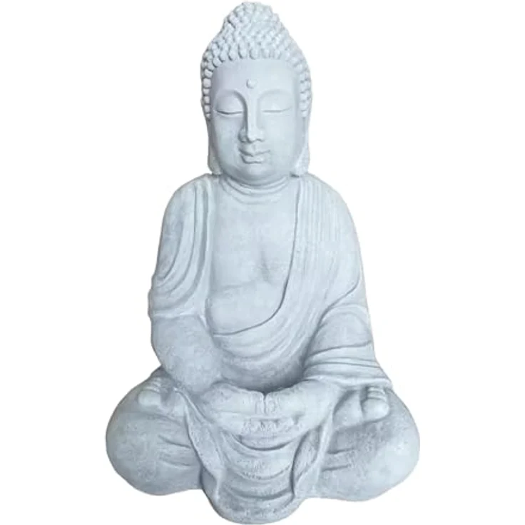 Relaxdays Buddha Figur sitzend, XL 70 cm, wetterfeste Gartenfigur in hellgrau, frostsicher, Vintage Deko für Wohnzimmer – Bild 1