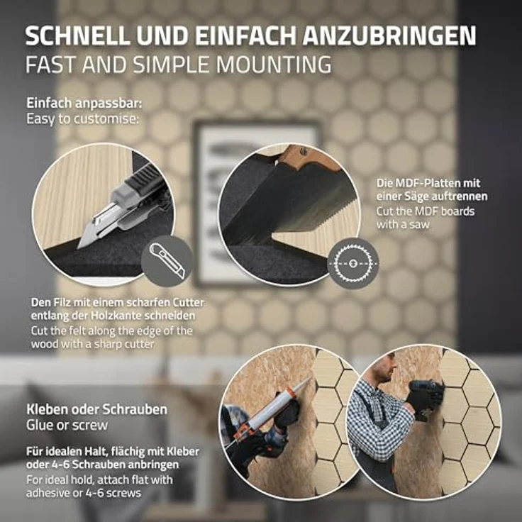 ML DESIGN 2er Set Akustikpaneele 66x81x2cm, Hexagon-Holzoptik in Eiche, MDF-Schallabsorber mit hervorragender Geräuschdämmung für Büro und Studio – Bild 4