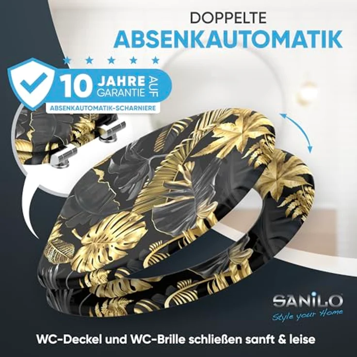 Sanilo WC Sitz Golden Leaves, Hochwertiger Holz-Toilettendeckel mit Absenkautomatik und antibakterieller Oberfläche – Bild 3