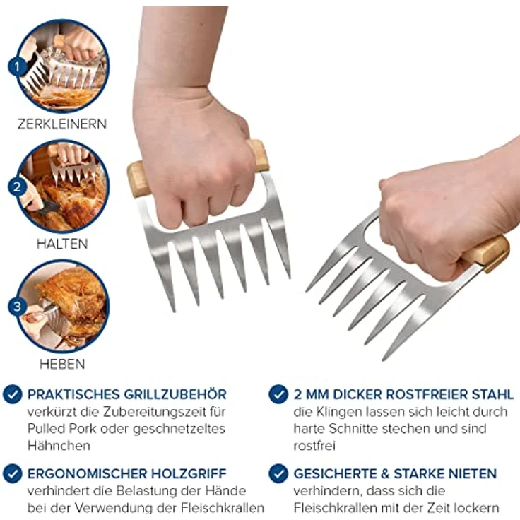 Joejis 2er Pulled Pork Krallen Gabeln - Edelstahl Fleischkrallen Fleischgabeln- Meat BBQ Claws Set – Bild 3