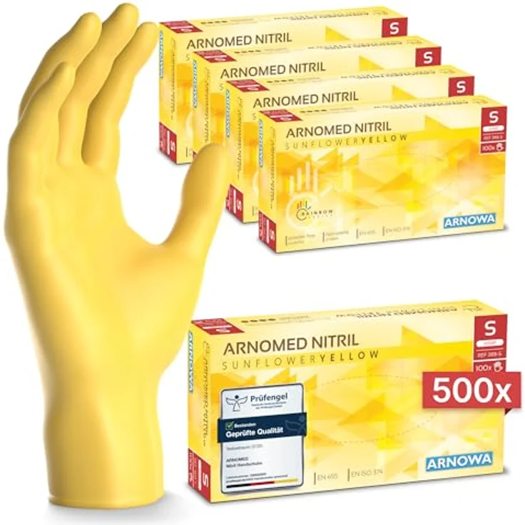 ARNOMED Nitril Einweghandschuhe Gelb, 500 Stück (5x100), puderfrei, hautfreundlich, lebensmittelecht, Größe S, M, L, XL – Bild 1