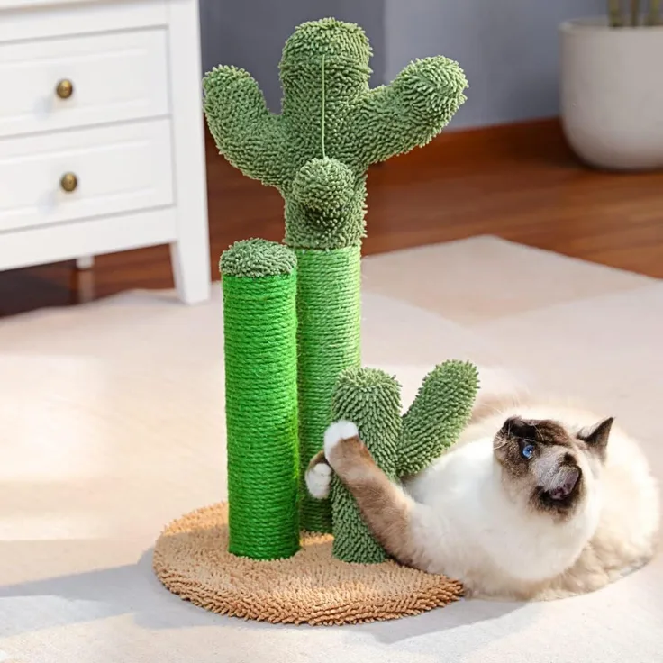 PurpurRain Kratzsäule Kaktus-Katzenkratzbaum M mit natürlichen Sisalseilen, Spielball, braun, 58 cm