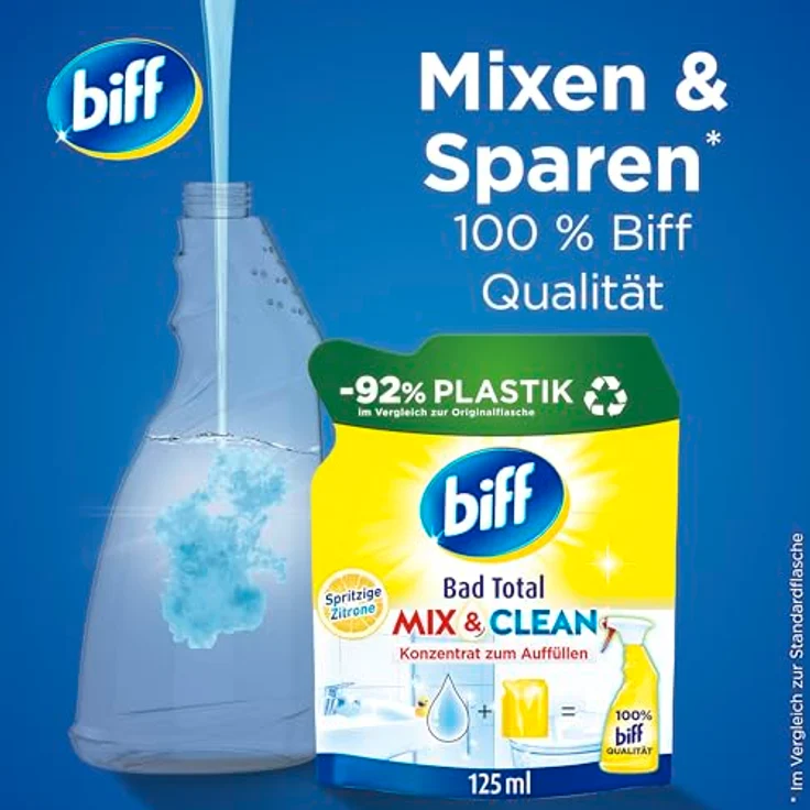 biff Bad Total Mix & Clean Konzentrat Zitrus, 125 ml Badreiniger - kraftvoll gegen Kalk & Verschmutzungen, 92% weniger Plastik, recycelbare Verpackung – Bild 3