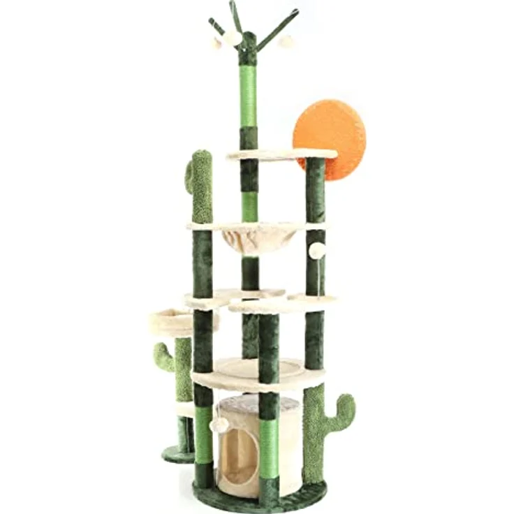 Fudajo Kratzbaum im Kaktusdesign Grün/Beige 172 cm, Katzenbaum mit Katzenhaus, Liegemulde, Sisal und Spielbälle – Bild 4