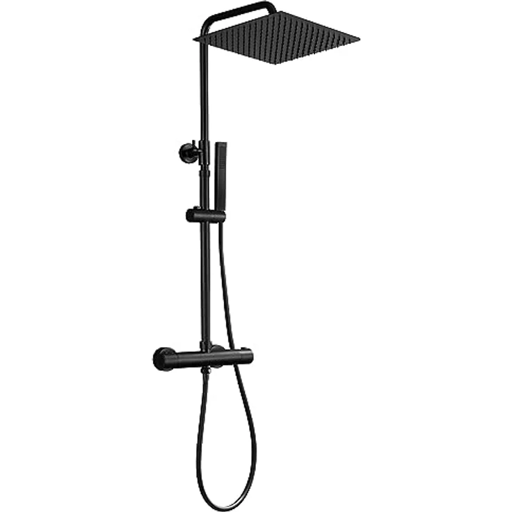 JOHO Thermostat Duschsystem, Regendusche Duschset mit 30x30cm Kopfbrause, Mischbatterie, Edelstahl, matt schwarz – Bild 1