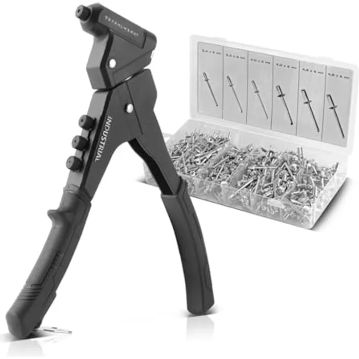 STAHLWERK Nietzangen-Set NZ-280 ST, 360° Blindnietzange mit 4 Wechsel-Aufsätzen und 500 Blindnieten, Hebelnietzange, Popnietzange, Nietmutternzange, Einhand-Nietzange