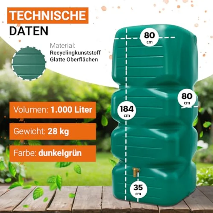 GARANTIA Regentonne CUBUS Komplett-Set 1000 L, dunkelgrün, mit Auslaufhahn und Fallrohrfilter, 1000 l – Bild 3