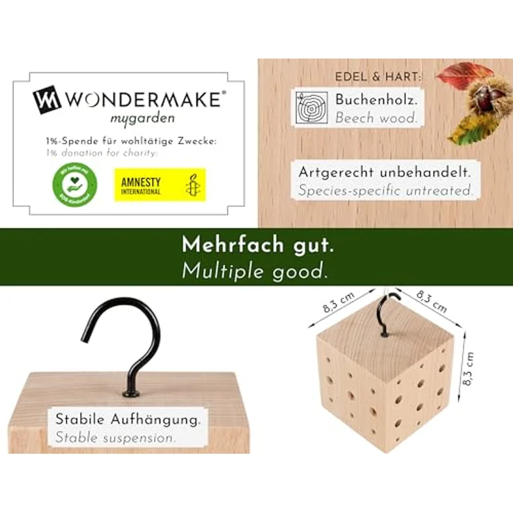 WONDERMAKE® 3er Set: Design Insektenhotel klein, Kubus aus Buche-Holz mit 3X 42 Nistplätzen, Bienenhotel hängend Nisthilfe für Wildbienen, braun schwarz – Bild 3