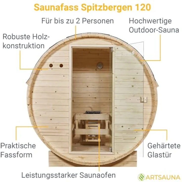 Artsauna Fasssauna Spitzbergen 120, für 2 Personen, Fichtenholz, 3,6 kW Elektro-Ofen, Komplett-Set, Naturfarben – Bild 3