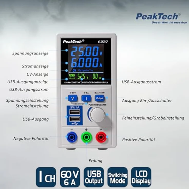 PeakTech P 6227 DC Labor Netzteil 0-60 V - 0-6 A mit farbiger LCD Anzeige, Labor Netzgerät inkl. 2x USB Port, Einstellbare Ausgangsspannung, Betriebsspannung 115-240 V AC- 50-60Hz - EN 61010-1 – Bild 5