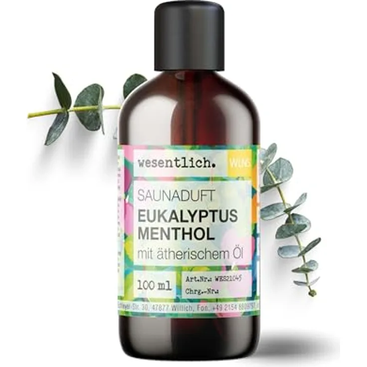wesentlich. Saunaaufguss Eukalyptus-Menthol, 100% naturreine ätherische Öle, 100ml Braunglasflasche für intensive Frische und optimale Duftverteilung