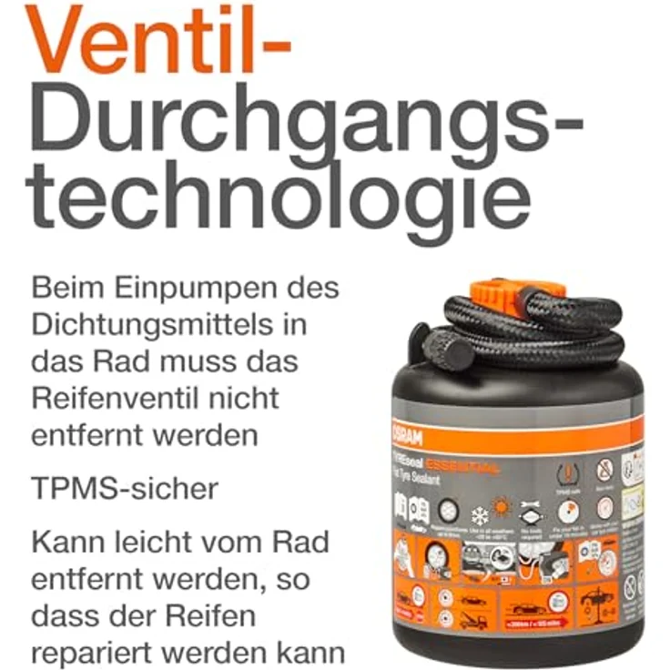 Osram TYREseal Kit Essential, Reifenkompressor mit Dichtmittel (0.45 l), repariert Reifenschäden bis 6 mm, umweltfreundlich und einfach zu handhaben, inkl. Aufbewahrungstasche – Bild 6