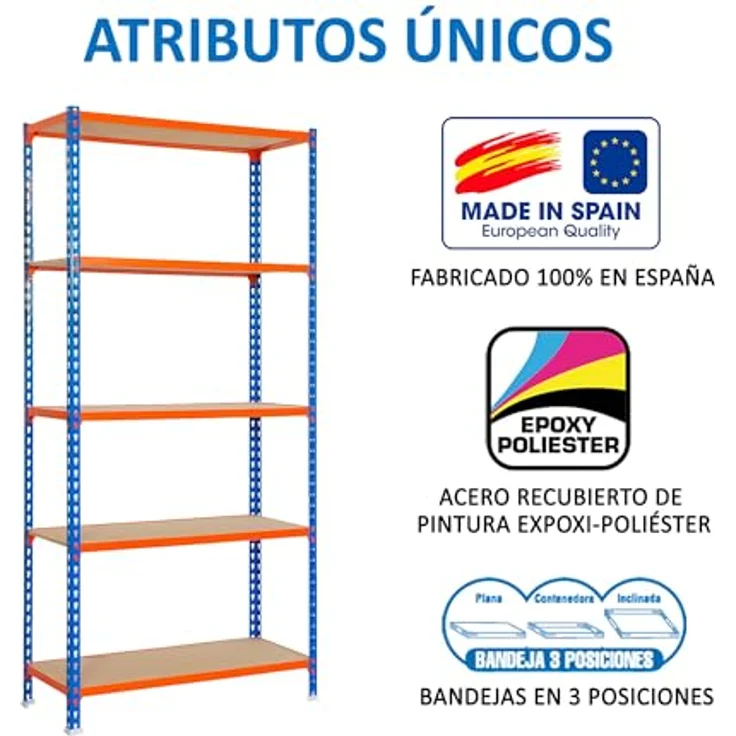 Simonrack Simonclick Metallregal Maderclick Plus, 200 x 100 x 40 cm, 5 Böden, Traglast 150 kg pro Boden, Stecksystem, Blau/Orange – Bild 6
