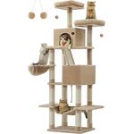 Feandrea Kratzbaum groß, 206 cm hoch, XXL Katzenbaum, mit 13 Kratzsäulen, 2 Plattformen, 2 Höhlen, Korb, Hängematte, Plüschbälle, mehrstöckiger Katzenkratzbaum, Kamelbraun