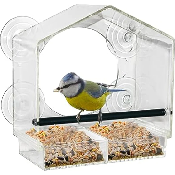 Fenster Futterhäuschen für Vögel - 20 x 18 cm - Transparentes Vogelhäuschen mit Saugnäpfen und Sitzstange - Vogel Futterstation Futterhaus Futterstelle Futterspender zum Befestigen an Glasscheiben – Bild 1