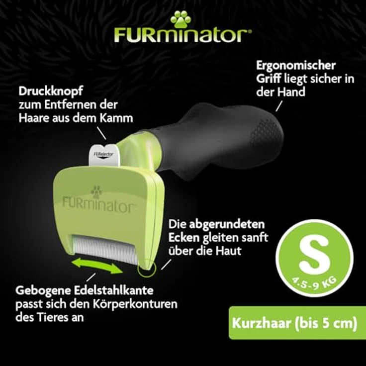 FURminator Unterwollharke Furminator® deShedding - für kurzhaarige Hunde, Metall, für Hunde und Katzen, mit Furejector® und ergonomischem Griff, Größe S, grün – Bild 4