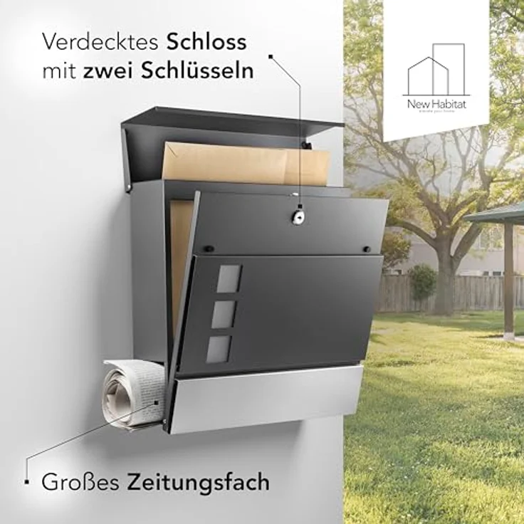 NewHabitat Wandbriefkasten Anthrazit mit Zeitungsfach und Sichtfenster, rostfrei und UV-beständig, inkl. Montagematerial – Bild 5