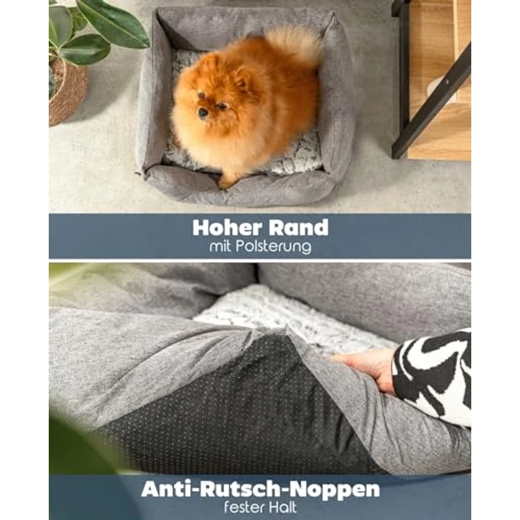 lionto Hundekörbchen mit flauschigem Wendekissen, kuscheliges Heimtierbett in meliertem Design mit tiefem Einstieg für Hunde & Katzen aller Größen, 60x50 cm, weiches Hundebett, grau – Bild 4