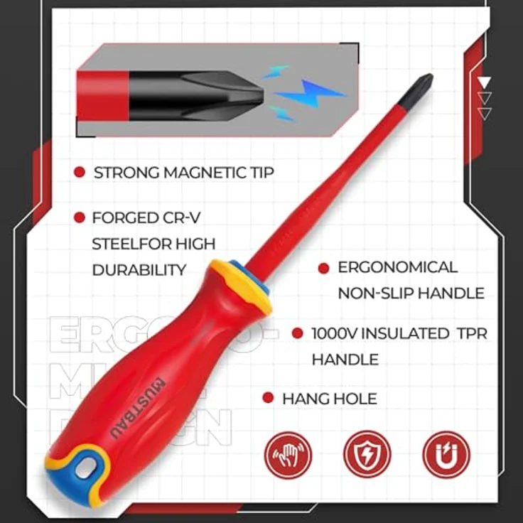 Mustbau Schraubendreher-Set 9 in 1, Magnetisch mit VDE-Prüfung, Profi Schlitz/Kreuz, SlimFix-Dünnstabtechnologie, elektriker Blau – Bild 3