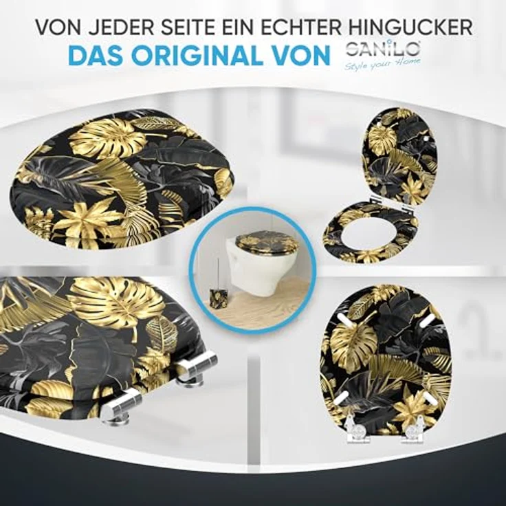 Sanilo WC Sitz Golden Leaves, Hochwertiger Holz-Toilettendeckel mit Absenkautomatik und antibakterieller Oberfläche – Bild 7