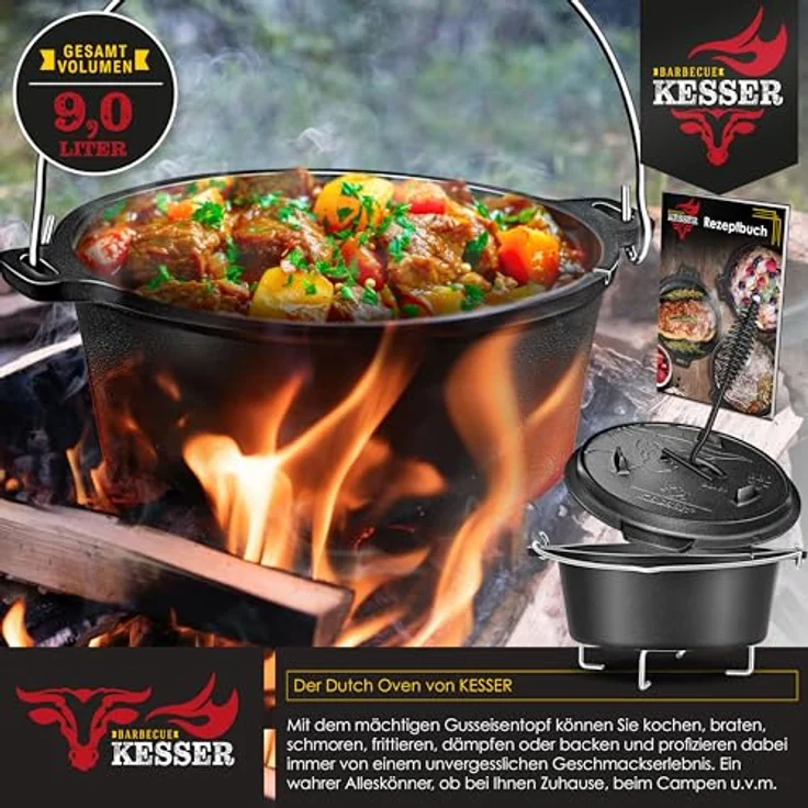 KESSER Dutch Oven Set BBQ 9 Liter, Gusseisen Feuertopf mit Edelstahluntersetzer, für Outdoor & Indoor, hitzebeständiger Deckelheber und Thermometer-Schlitz – Bild 3