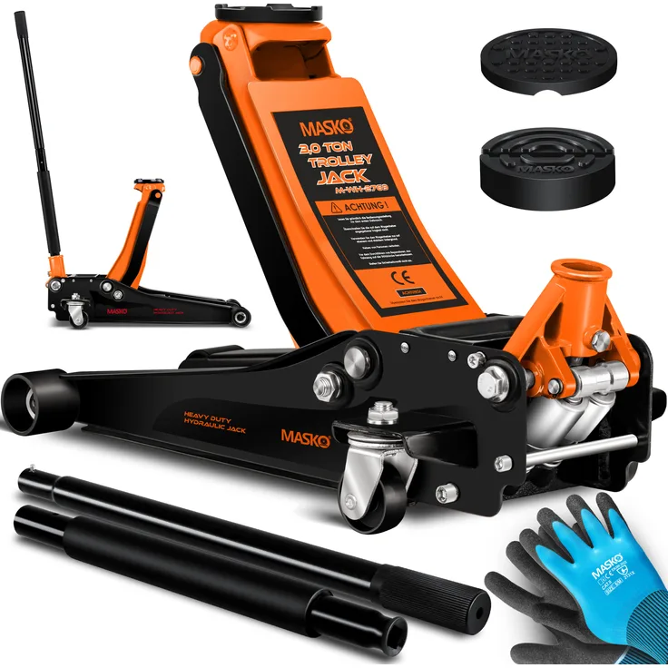 Masko Wagenheber hydraulisch 3 Tonnen Flache Hubhöhe + 2x Gummiauflage + Handschuhe KFZ Rangierwagenheber hydraulischer 360° Rollen Heber Unterstellbock