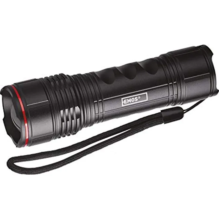 EMOS fokussierbare LED-Metall-Taschenlampe mit Handschlaufe, IP44 ultraleichte wasserdichte Handlampe mit 3 Lichtmodi, Helligkeit 500lm, Leuchtweite 160m, Laufzeit bis zu 22 St., schwarz, P3115