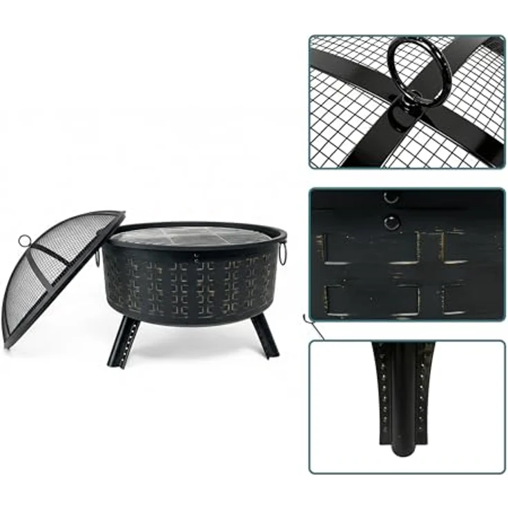 Relaxdays Feuerschale 62 x 66 cm, Gartenfeuerstelle mit Grillrost, Funkenschutz & Schürhaken, schwarz – Bild 5