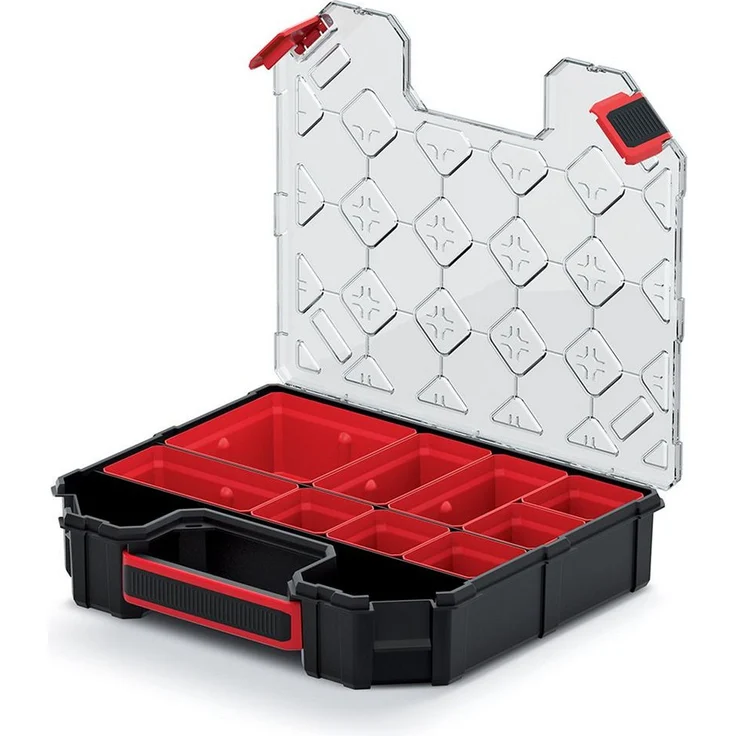 Prosperplast Werkzeugkoffer Kistenberg TAGER CARBO ORGANIZER KTGC30256B, multifunktionale Sortimentsbox mit transparentem Deckel und Bechern, 284 x 243 x 60 mm
