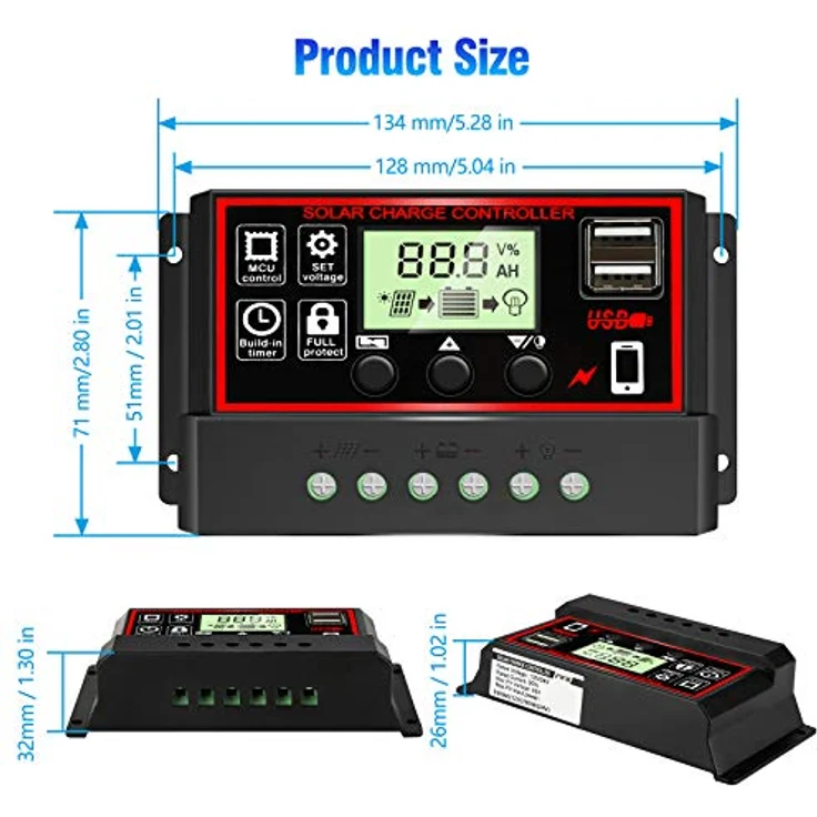 Depvko 30A Solar-Laderegler, PWM Controller für 12V/24V Systeme, mit 5V Dual USB Port und LCD-Anzeige für Blei-Säure-Batterien – Bild 5