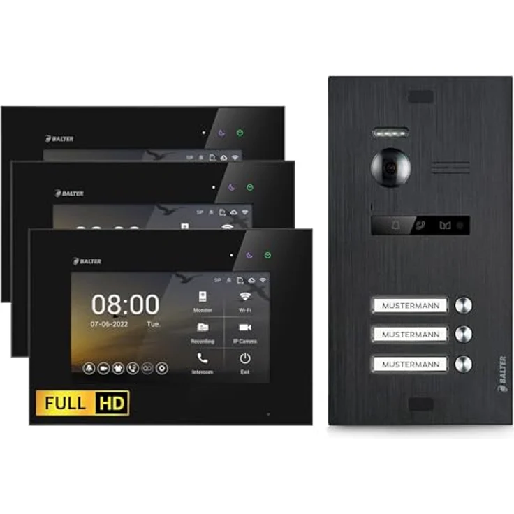 Balter EVO HD Video-Türsprechanlage, Komplettset für Dreifamilienhaus mit 3x 7-Zoll Monitoren, Full HD Kamera, Interkom und Nachtsicht, Schwarz – Bild 1