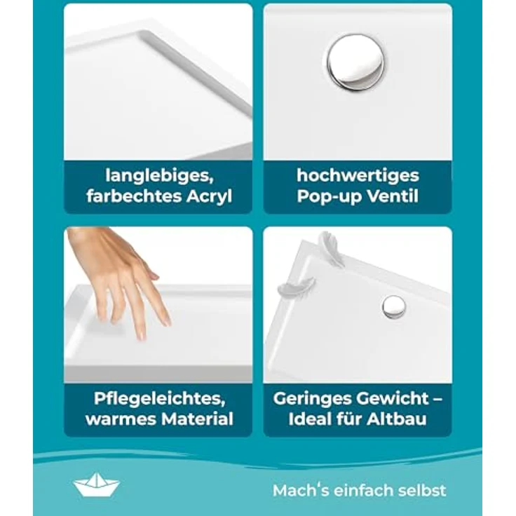 Calmwaters Duschwanne, Rechteckige Brausewanne 120x80 cm aus hochwertigem Sanitäracryl, weiß, barrierefreier Einbau – Bild 4