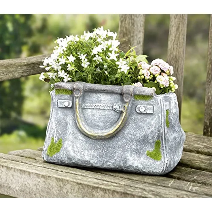 Dekoleidenschaft Pflanzer Handtasche in Stein Optik, Pflanztopf in Taschenform, Blumentopf, Pflanzgefäß, Gartendeko für Draußen, Pflanzschale