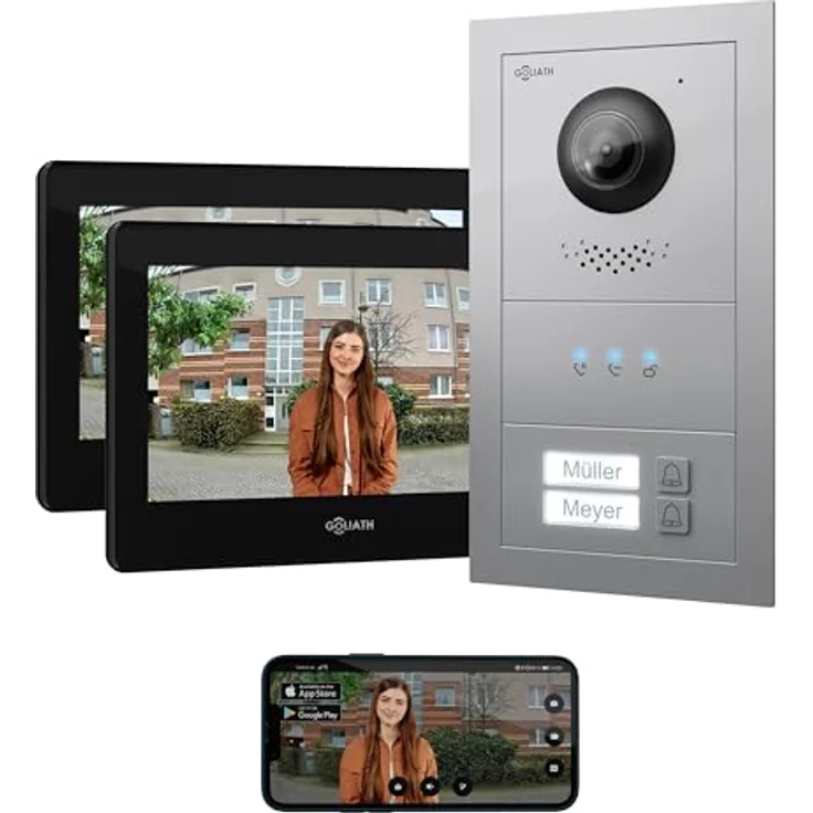 Goliath Intercom Video-Türsprechanlage Basic-Line, 2-Familien, 7-Zoll HD Monitor, Weiß/Silber, 2-Draht Technologie, App-fähig, SD-Kartenslot bis 64 GB – Bild 1