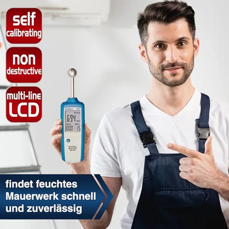 PeakTech 5201 - Feuchteindikator, Materialfeuchtemessgerät, Feuchtemesser, Baufeuchtemessgerät, Feuchtigkeitsmessgerät Holz, Wand, Putz, Gips, Mauerwerk, Feuchtigkeits Detector - Messtiefe: 20 - 40 mm – Bild 3