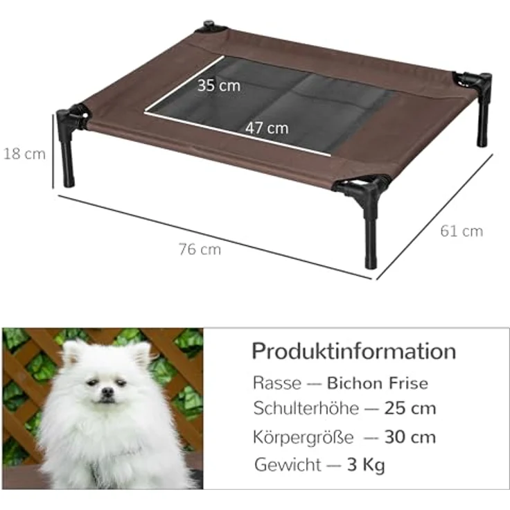 PawHut Hundebett Hundeliege Outdoor Katzenbett Haustierbett Schlafplatz Stahl 600D Oxford-Gewebe Braun 76 x 61 x 18 cm – Bild 3