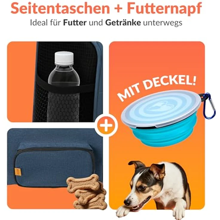 Cadoca Tiertransportbox, faltbare Transporttasche für Hund und Katze, blauer Stoff, mit wendbarem Liegekissen, Reflektoren und faltbarem Trinknapf – Bild 7