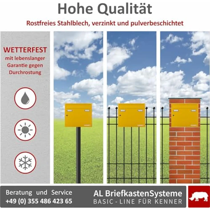 AL Briefkastensysteme Basic 1er Briefkasten RAL 1003 Signal Gelb wetterfest mit Posthaltebügel und 2 Namensschildern – Bild 2