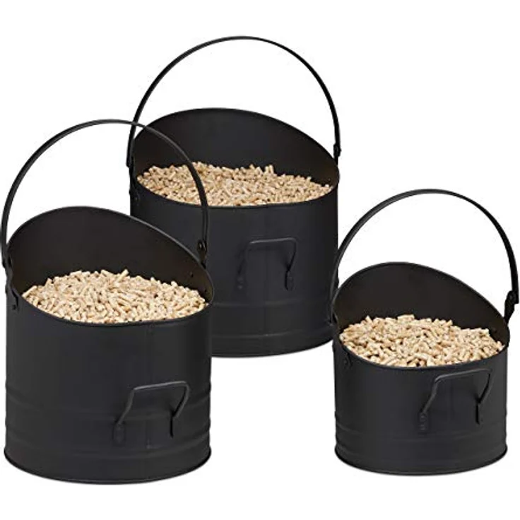 Pelleteimer 3er Set, je 21, 25 & 30 cm, Griff & klappbarer Henkel, Metall Kohleeimer, Kaminzubehör, schwarz – Bild 2