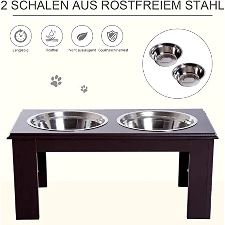 PawHut Erhöhter Hundenapf, Futternapf, Edelstahlnäpfen, Haustier Fressnapf, MDF, Kaffee, 58,4 x 30,5 x 25,4 cm – Bild 4