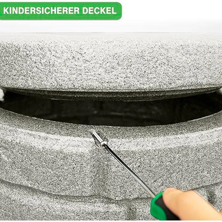 YourCasa Regentonne 230 Liter [StoneRain] mit Metallgewinde und Deckel in Steinoptik - Frostsicher und UV-beständig - Kinder-windsichere Abdeckung - Hellgrau – Bild 4