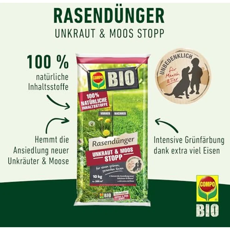 COMPO BIO Rasendünger Unkraut & Moos Stopp, 100% natürliche Inhaltsstoffe, 10 kg für 200m² – Bild 2