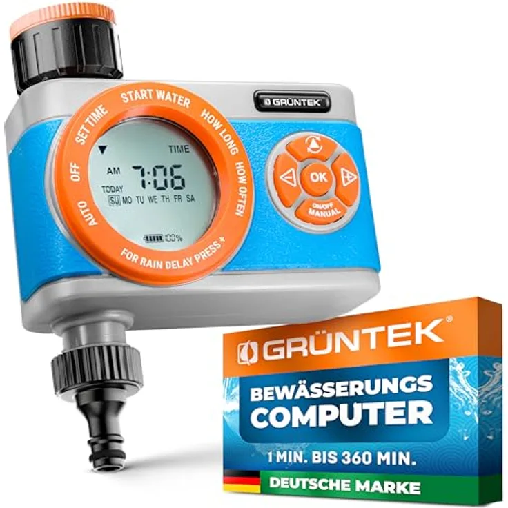 GRÜNTEK Digitale Bewässerungssteuerung, Flexibler Bewässerungscomputer mit Digitalanzeige, Timer von 1 bis 360 Minuten, wocheweise programmierbar