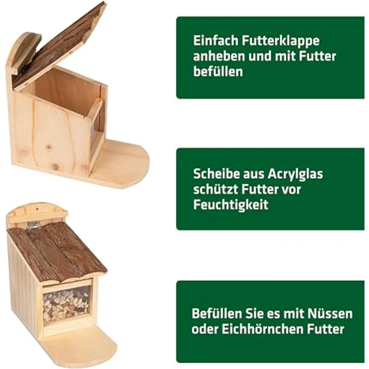 GARDIGO® Eichhörnchen Futterhaus aus Holz I Stabiles Holz mit Rindendach I Wetterfeste Futterstelle zum Aufhängen I Geschütztes Glas I Futterspender zum Eichhörnchen füttern I Nussspender – Bild 2