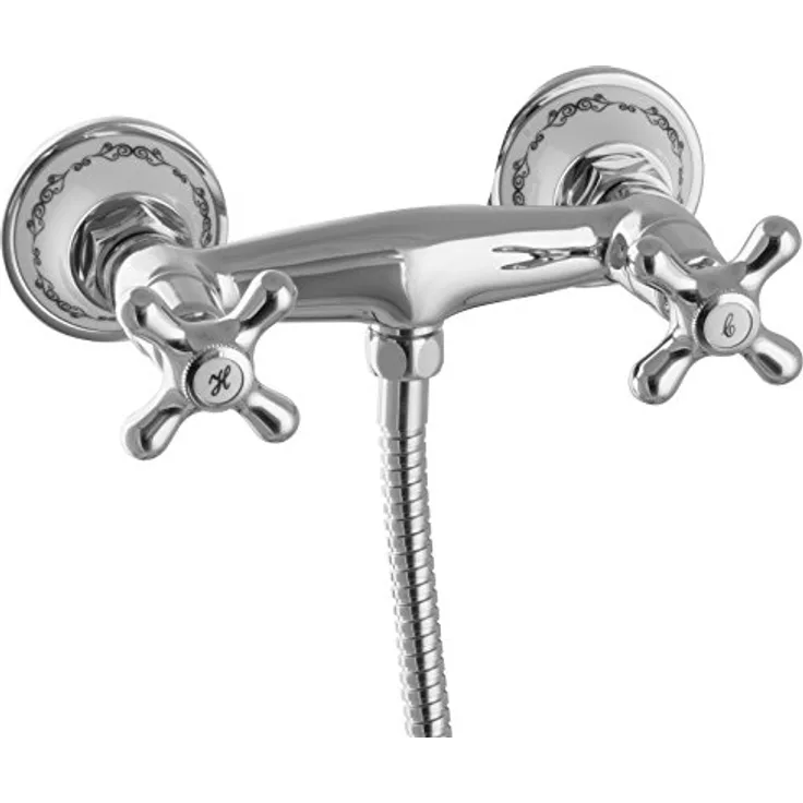 PaulGurkes Duscharmatur Nostalgie retro Antik Keramik Mischbatterie Zweigriffmischer Brausebatterie Dusch Armatur Wasserhahn, in blau