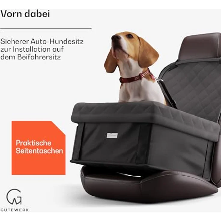 Gütewerk Hunde Autositz - Mittlerer und Kleiner Hundesitz für Vordersitz - Stabiles, faltbares Zubehör mit Sicherheitsleine -wasserdicht, Auto Haustiersitz, Leicht, Bequem, Haustierpflege. Schwarz – Bild 2