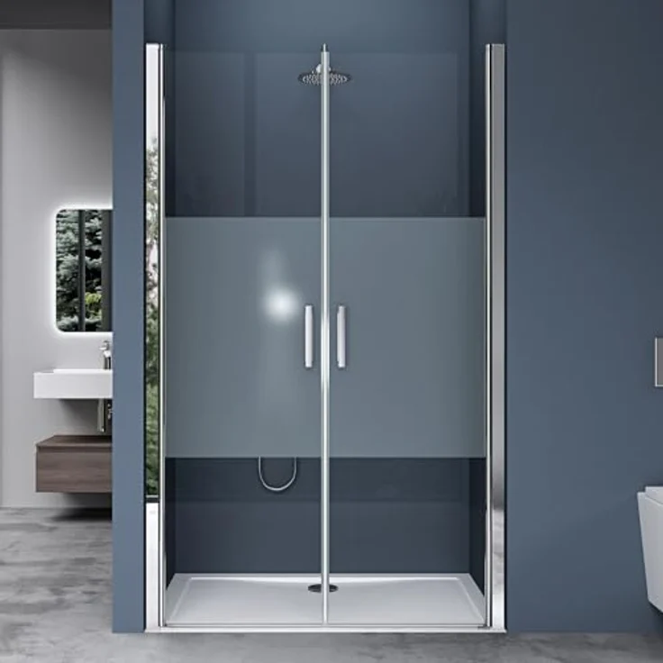 doporro Nischentür T24MS, Duschabtrennung 90cm mit 6mm ESG-Sicherheitsglas, beidseitiger NANO-Beschichtung, Hebe- und Senkmechanismus, Milchglas-Streifen – Bild 1