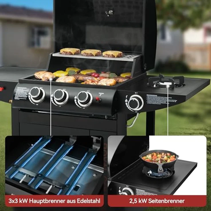 Royal Gourmet Gasgrill 3+1 Brenner Grillwagen mit 11,5 kW, Campinggrill mit Seitenbrenner, Outdoor Gas Grill inkl. Haken, Unterschrank für Balkon, Party Schwarz – Bild 4